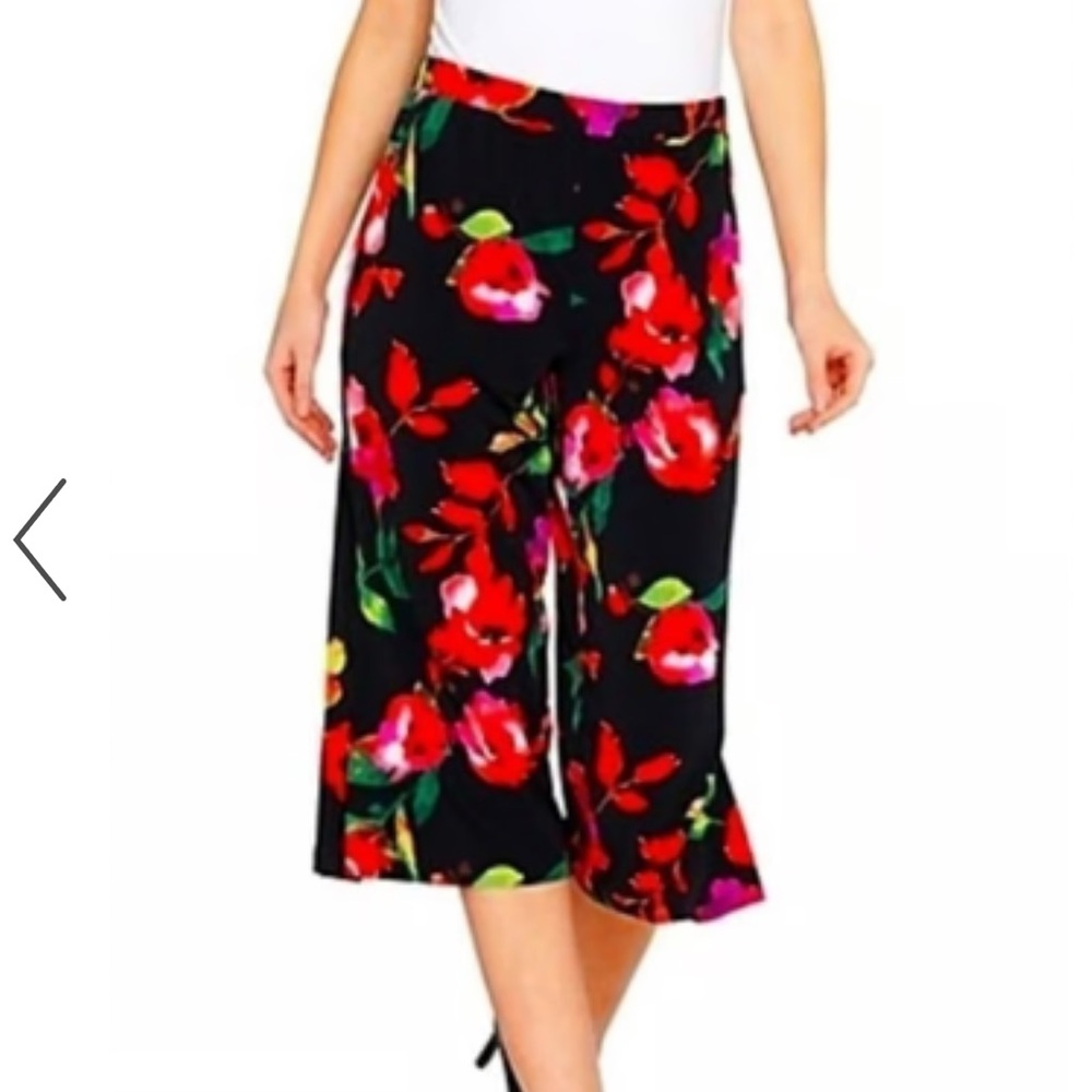 Susan Graver Pants 3X Black Pink Floral Liquid Knit Cropped Wide Leg